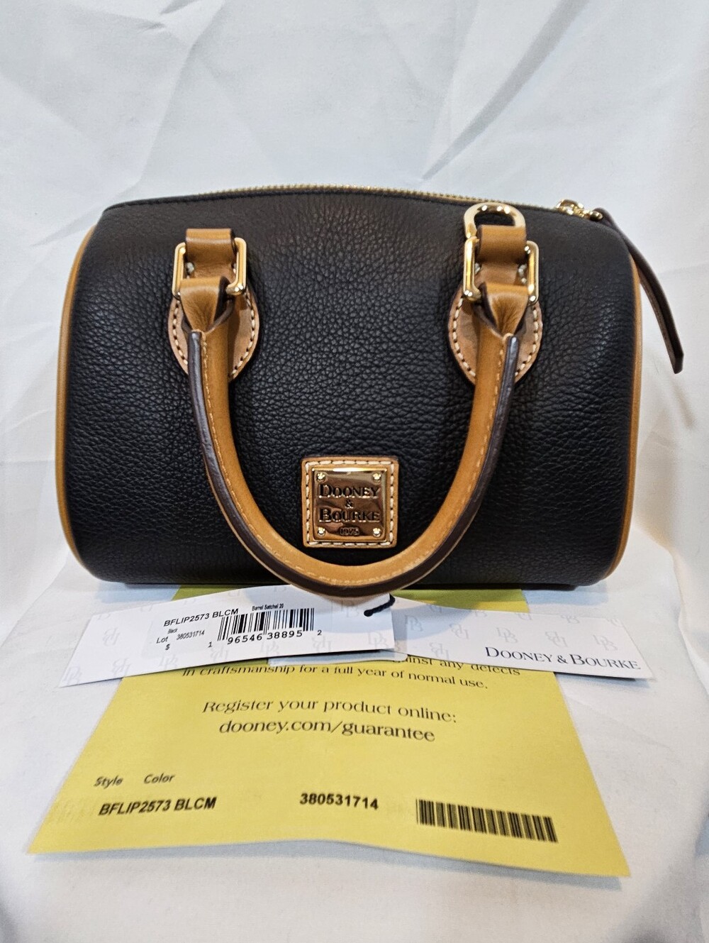 Dooney & Bourke Black Pebble Leather Satchel with Tan Trim